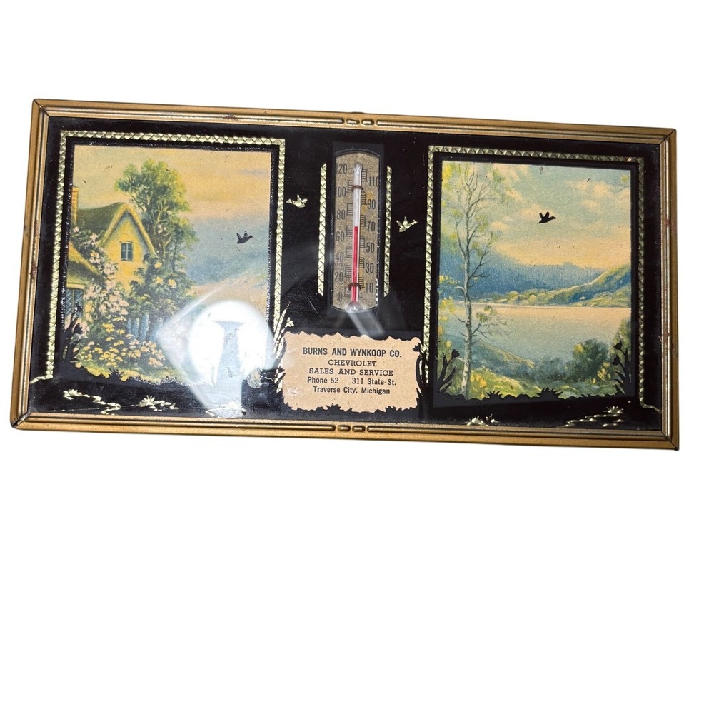VTG 1930 Chevy Dealer Advertise Reverse Painted Glass Thermometer Traverse City
